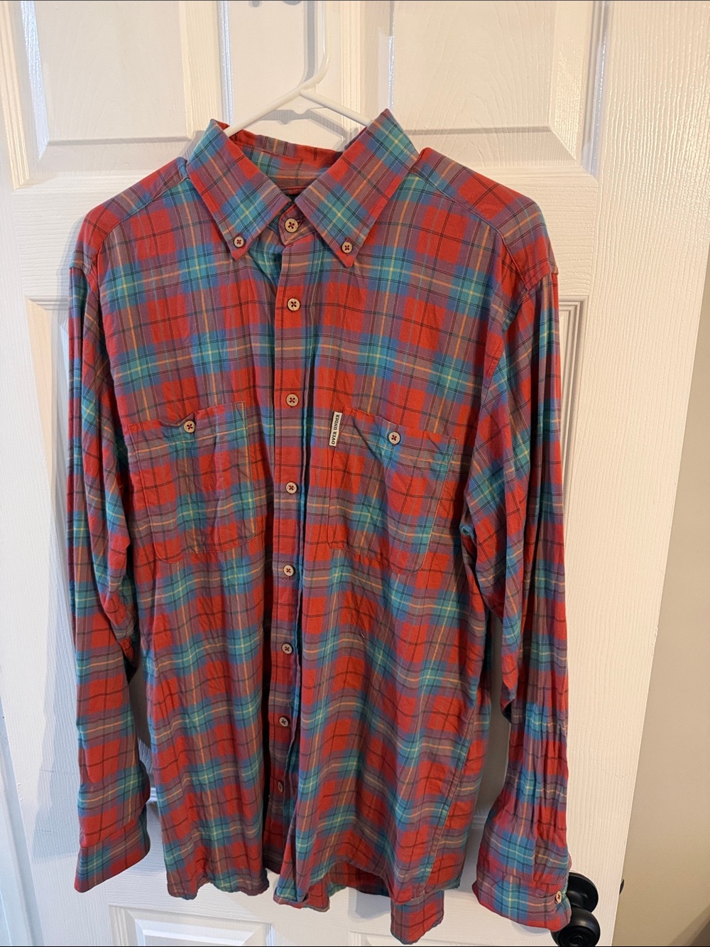 Casual Red Plaid Button-Down Shirt with Blue Accents
